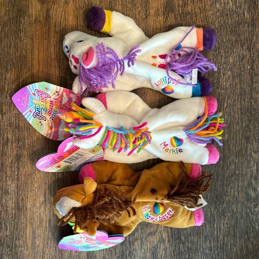 Lisa Frank 1990s lot of 3 beanies lollipop markie rainbow chaser 🌈 💖🦩🦄🐴